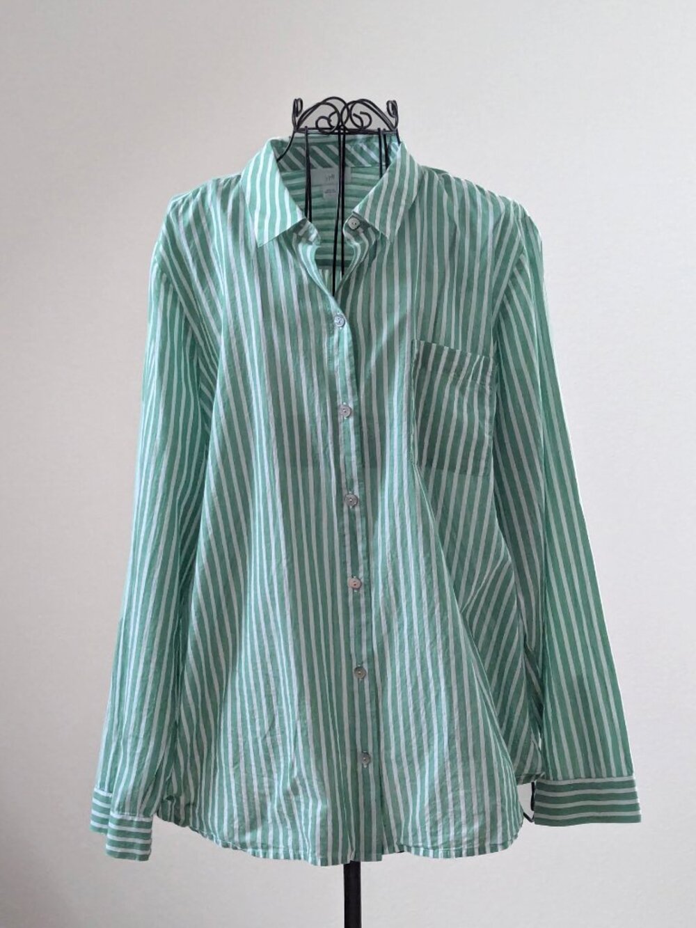 J.Jill Women L Green White Striped 100% Cotton Button Front Shirt